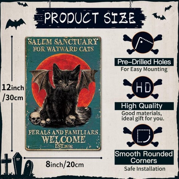 NWT SALEM Sanctuary for Wayward Cats 8x12 Tin Halloween Decor Sign - Picture 3 of 5
